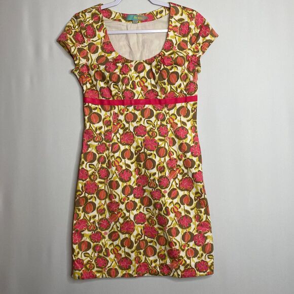 Boden Gold Pink Floral Scoop-Neck Cap-Sleeves Empyre-Waist Fully Lined Size US6R - Picture 1 of 10